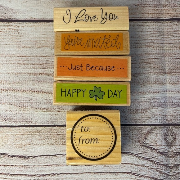 NEW Lot of 5 Wooden Rubber Stamps To From Love Invited Just Because St Patricks - Picture 1 of 5